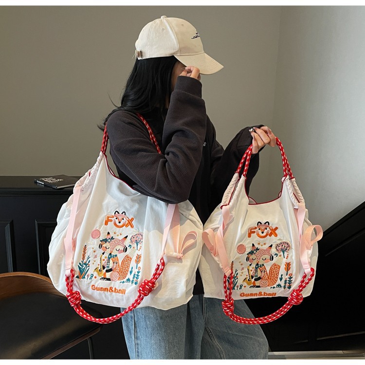 日系自制同款外贸ball chain环保购物袋尼龙刺绣花手提单肩帆布包