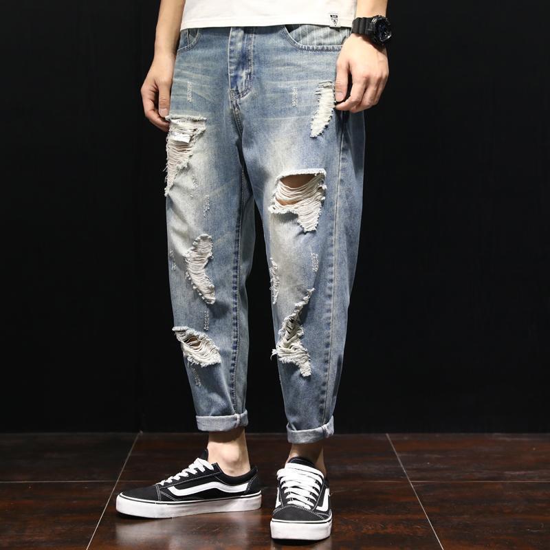 Summer ripped jeans for men, loose fit, plus size, cropped pants, Korean style, trendy brand, thin harem pants Summer ripped jeans for men, loose fit, plus size, cropped pants, Korean style, trendy brand, thin harem pants