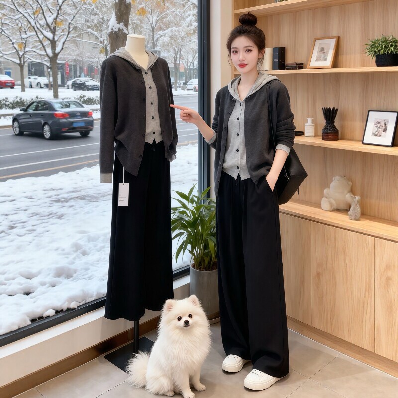 Plus-size faux two-piece hooded long-sleeve knit cardigan for women, autumn 2026 new loose and casual sweater, Korean-style top