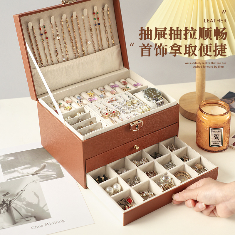 Caja de joyería de lujo ligera de té, pernos multicapa de gran capacidad con cerradura, caja de joyería, joyería de auriculares, almacenamiento de joyería tipo cajón image 5