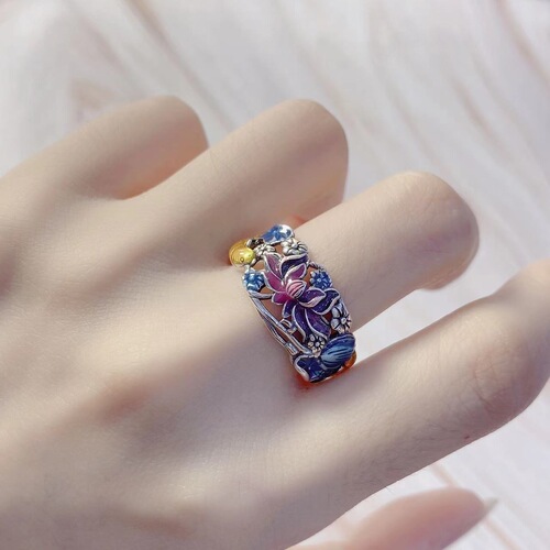 Plain silver cloisonné lotus carp hollow national style ring retro old craft open ring simple silver hand jewelry