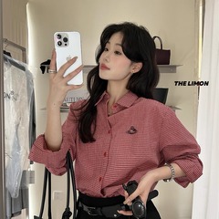 THE LIMON柠檬绿茶2025秋季休闲百搭韩系格纹刺绣时尚衬衫上衣