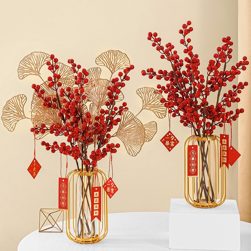 紅果發財果紅色假花仿真花擺設客廳裝飾花藝花瓶花器擺件餐桌擺花