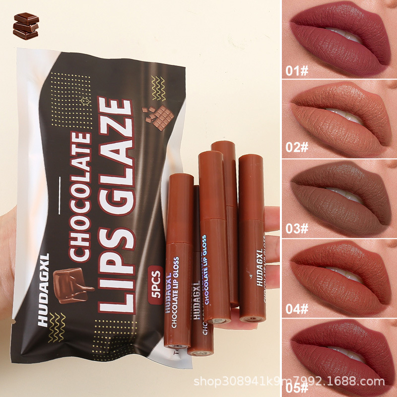 Cross-Border Five-Pack Chocolate Matte Lip Gloss, Non-Stick Cup Lipstick, Popular Long-Lasting Color, Non-Stick Cup, Non-Fading Lip Glaze