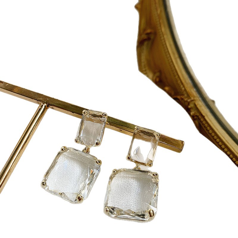 Pendientes de Cristal Artificial Cuadrados Geométricos Transparentes con Aguja Plateada, Diseño de Nicho Exagerado Europeo y Americano, Pendientes Modernos