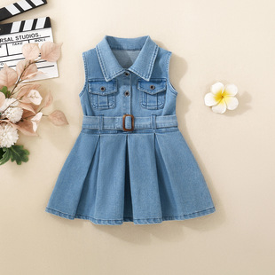 Girls Princess Dress Sleeveless Denim Skirt Summer New Korean Style Children's Lapel Waist Vest Dress Free