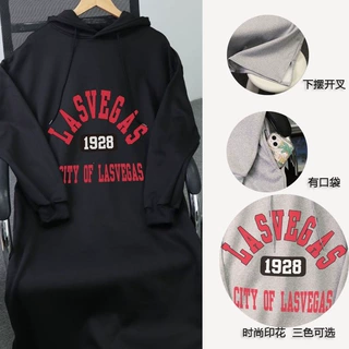 工厂实拍韩版韩国冬季加绒超大码宽松双帽开叉连衣长裙口袋卫衣裙