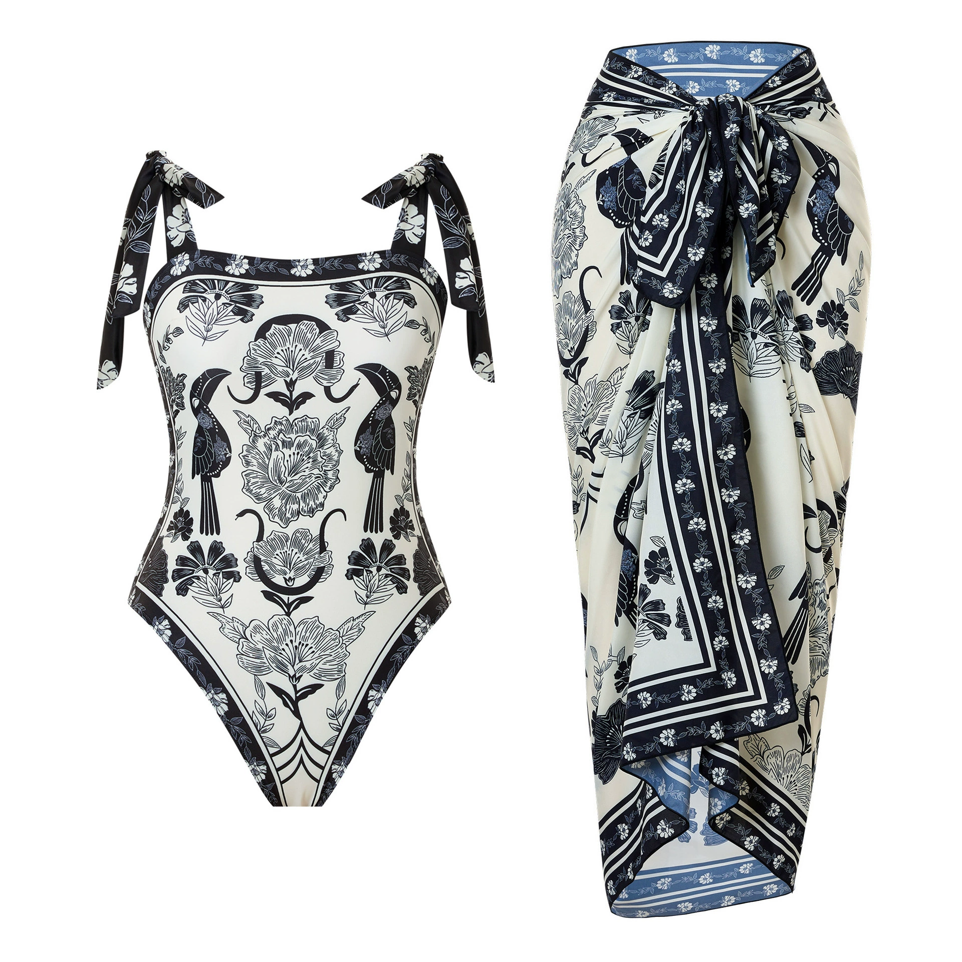 One-Piece Swimsuit (Qiao Jiayuan) 2025 Retro Style with Wrap Skirt, Crane Print, S–XL & One Size