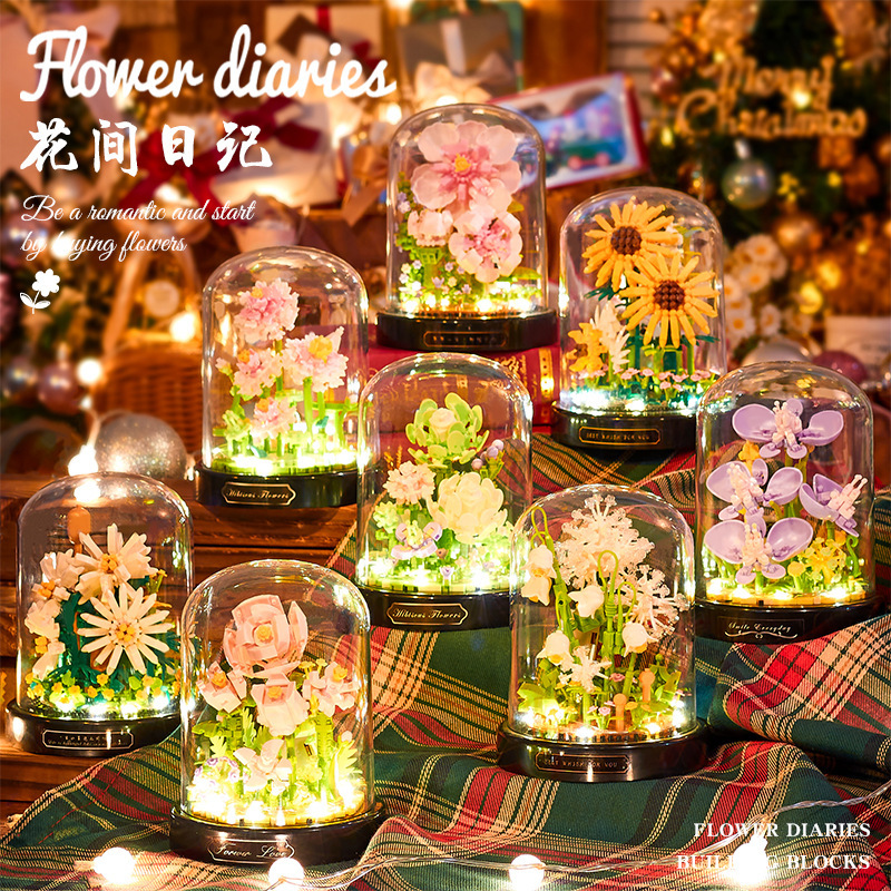 積み木の花がバラのオルゴールを飾っています。|undefined