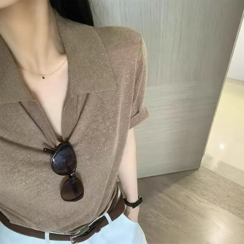 Old Money Style Dotted Yarn Polo Collar Tencel Short-Sleeve Knit Top for Women, Summer French Loose Fit Slimming Linen Half-Sleeve T-Shirt