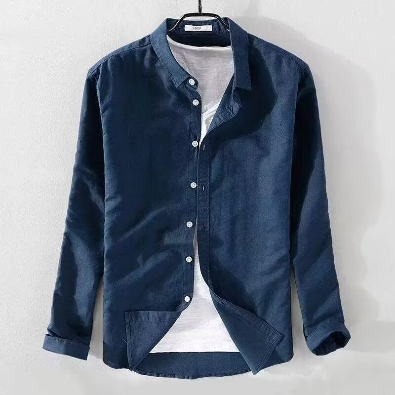 Chemise en lin à manches longues pour hommes, chemise décontractée à revers, couleur unie, ample et respirante, en coton et en lin_voghion.com