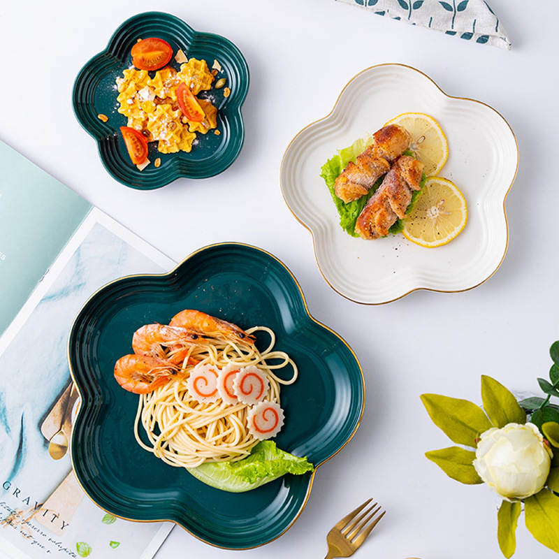 Household underglaze bright golden edge pasta plate ceramic salad plate hotel tableware irregular high-looking flower plate
