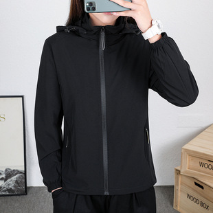Spring and Autumn Sports Hooded Jacket, Loose Outdoor Casual Windbreaker, Solid Color with Detachable Hood, Trendy for Young and Middle-Aged People