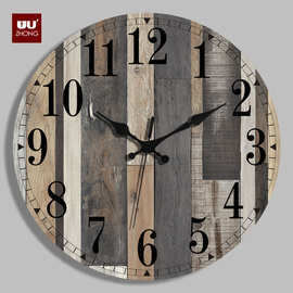 12英寸30厘米复古图片木地板纹路印刷中密度纤维板挂钟钟表批发