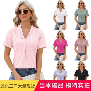 欧美跨境女装2024亚马逊春夏新款v领提花宽松上衣翻领燕尾短袖t恤
