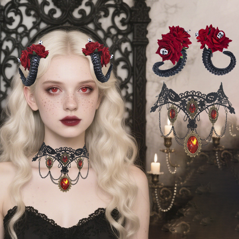 Halloween Gothic Horn Hairpin Dark Style Sexy and Charming Adult Lace Necklace Carnival Dance Party