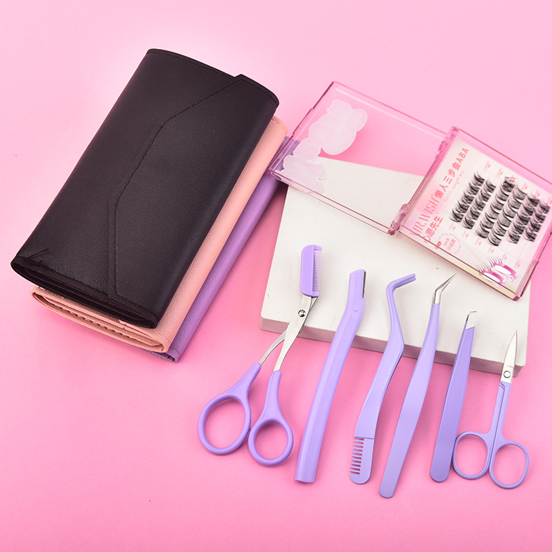 Eyelash Trimming Tool Set Beauty Kit Macaron Color Tweezers Eyebrows Bridal False Eyelashes Convenient Six-Piece Set 