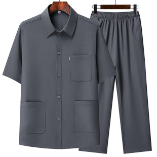 Dad Short-sleeved Shirt Men's Summer Middle-aged and Elderly Ice Silk Summer Clothes Loose Casual Thin Clothes for the Elderly Grandpa suit