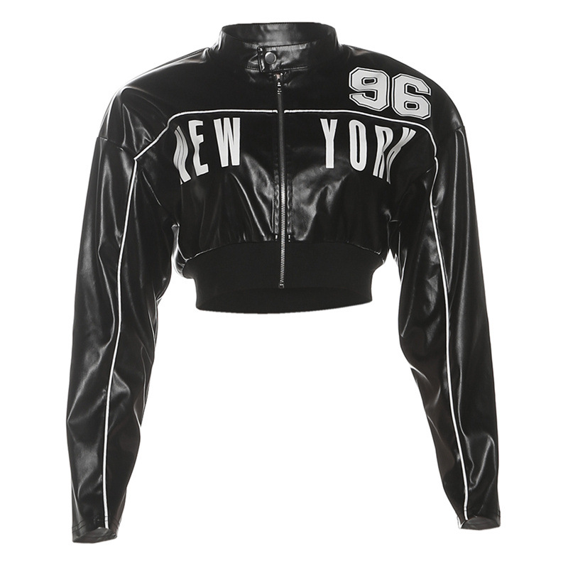 Women's Slim Fit Short Zip up Leather Jacket Autumn Fashion Print Patchwork Outerwear_ecoleips.com