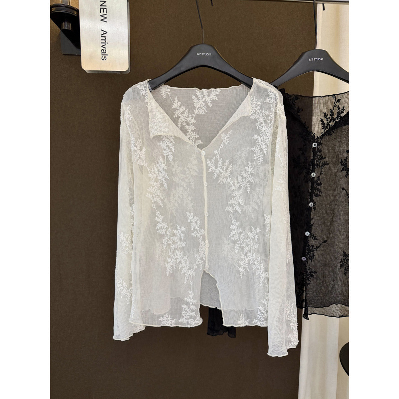 Normany mm Small Lapel Single-Breasted Embroidered Design Slightly See-Through Long-Sleeve Shirt for Women