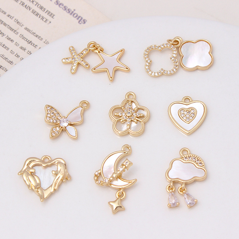 Color-preserving gold-plated ins inlaid natural shell moon cloud love flower pendant bracelet necklace accessories material