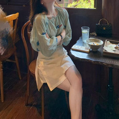 早秋新款新中式国风刺绣蓝色薄款衬衫女高级感上衣百搭半裙套装潮