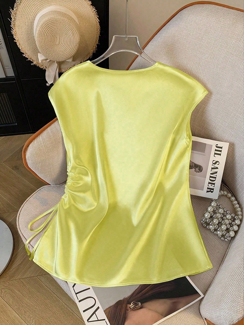 Damen Satin Bluse Mit V-ausschnitt Elegantes Sommer Oberteil_voghion.com