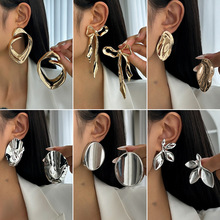 欧美跨境ins金属立体蝴蝶结耳钉 几何不规则褶皱波纹光面花瓣耳饰