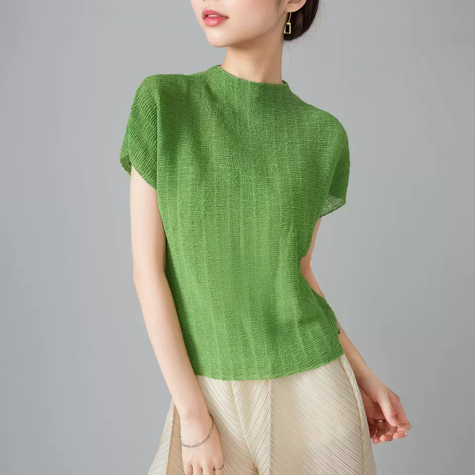 三宅高级肌理感t恤短袖女夏季薄款高端洋气小衫百搭褶皱上衣女士