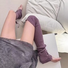 紫色针织袜套堆堆袜配鲨鱼裤女露思同款花边绑带过膝小腿套芭蕾风
