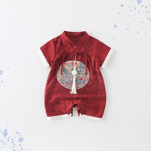 Baby Summer Clothes for Men and Women, Thin New Chinoiserie Crawling Clothes for Full Moon and 100 Days, Short-Sleeved Jumpsuits, Trendy Clothes