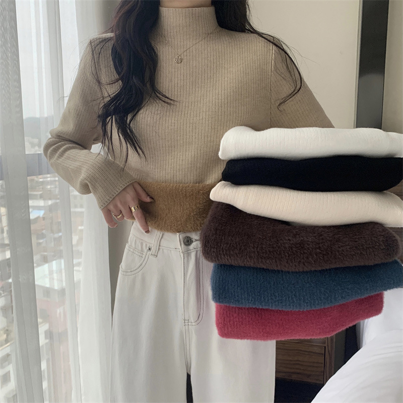 เสื้อไหมพรมซับในขนฟูหนา ปลอมขนขนมิงค์ แบบส่งตรงถึงลูกค้า สำหรับผู้หญิง ฤดูใบไม้ร่วงและฤดูหนาว ทรงสลิม คอเต่าครึ่งตัว ใส่ด้านใน เสื้อถัก