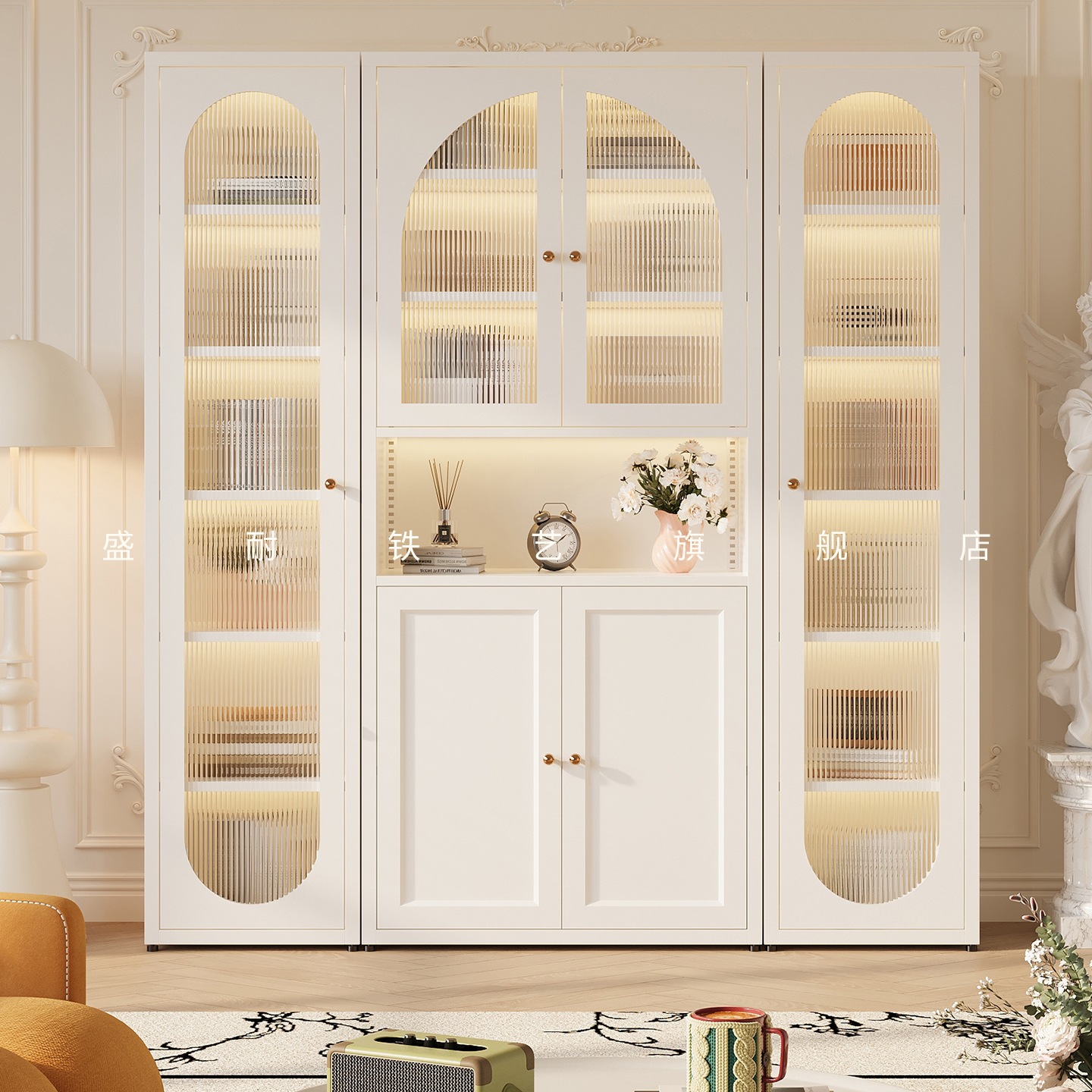 French Wrought Iron Changhong Glass Door Bookcase Wall Storage Cabinet Bookshelf Living Room Home Floor-Standing Storage Cabinet Display Cabinet