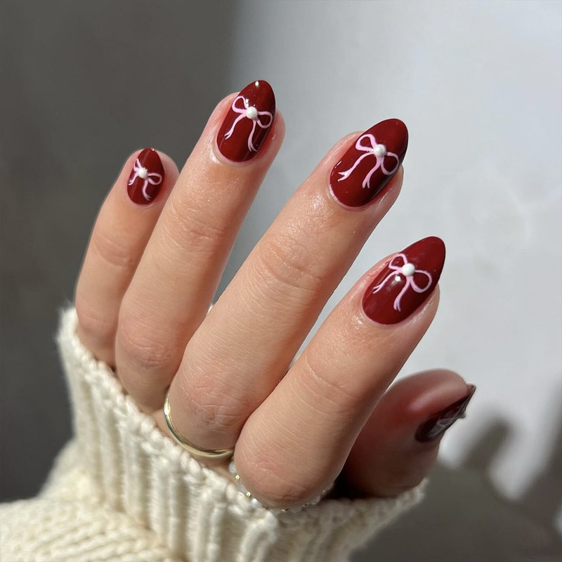 Red Valentine's Day Nail Art New Year Armor Pink Bow Nail Art Simple Cross-border Hot Fake Nail Nail Pieces