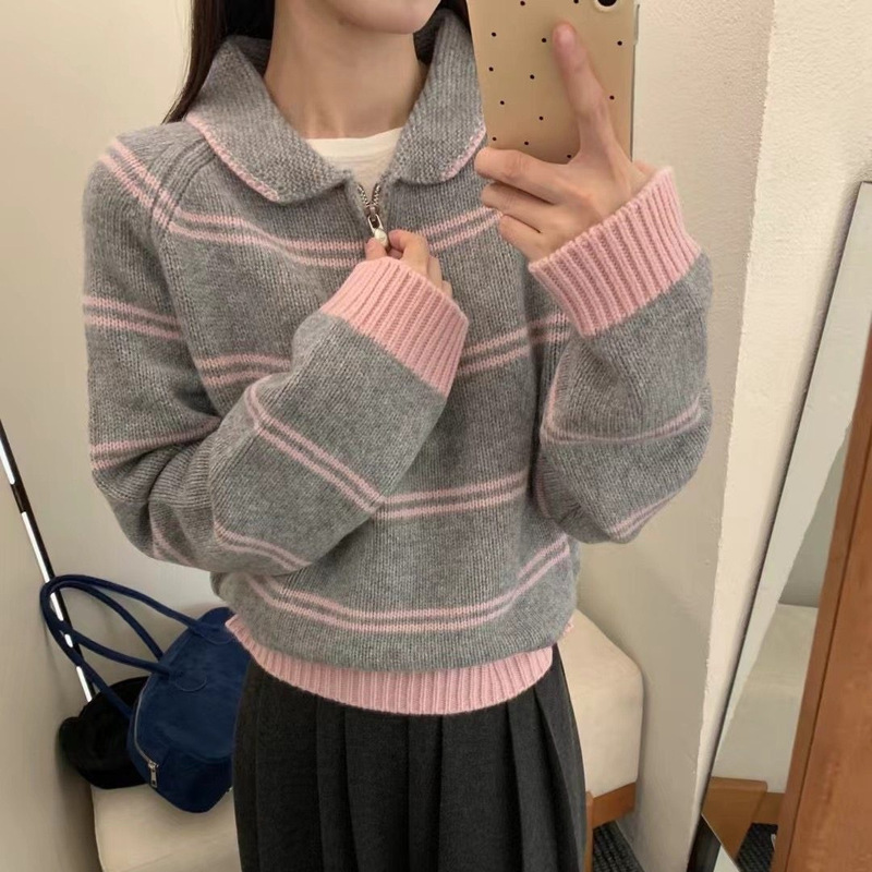 条纹Polo领半拉链软糯毛衣女秋冬新款慵懒风高级感宽松显瘦厚实上|undefined