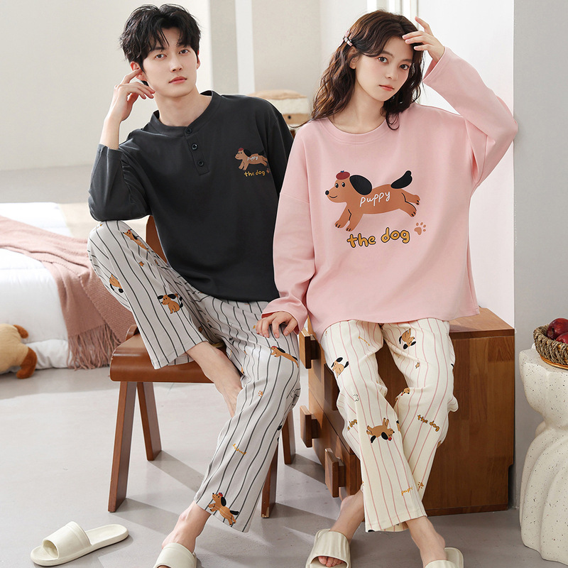 Couple's autumn and winter cotton long-sleeved pajamas spring and autumn casual new men's and women's home wear suit can be worn outside