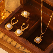 法式vintage贝珠方形个性饰品复古文艺简约百搭小众设计钛钢套装