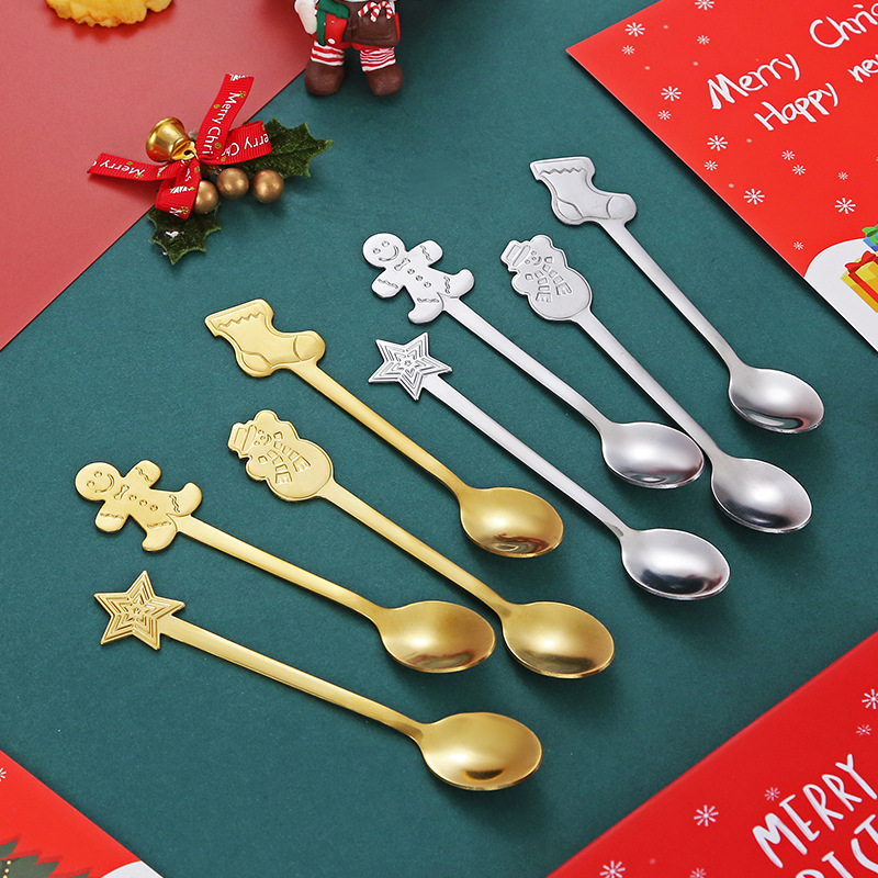Cross-Border Stainless Steel Christmas Tableware Creative Coffee Spoon Holiday Gift Box Four-Piece Set Cartoon Gingerbread Man Small Spoon