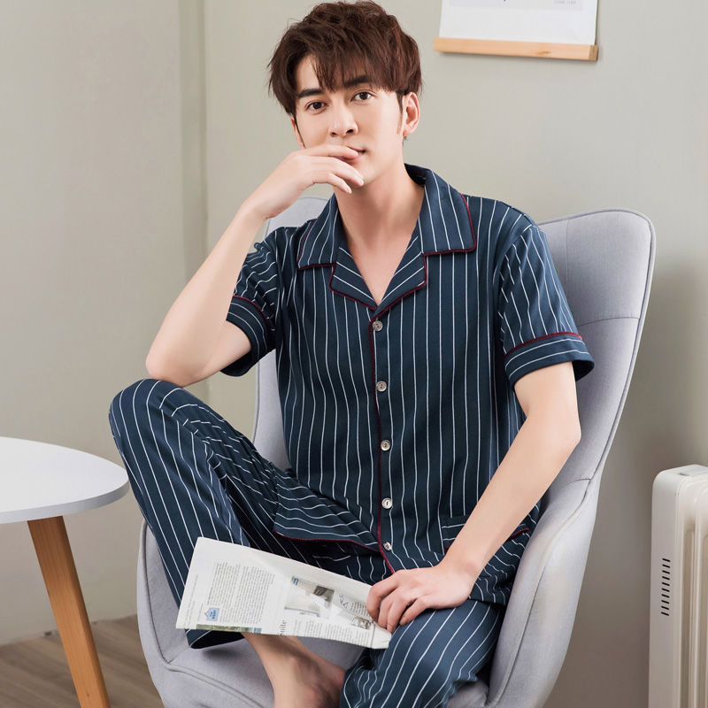 Pijamas de los hombres de verano 100% algodón pantalones de manga corta de media manga de primavera y otoño delgada cardigan ropa para el hogar más tamaño