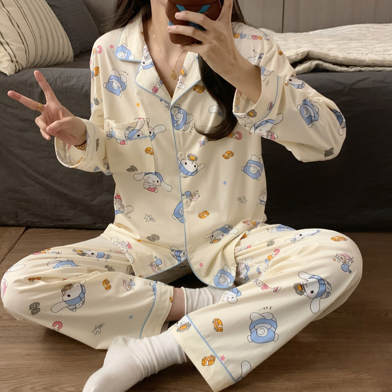 El comercio exterior de primavera y otoño pijamas algodón para las mujeres ins lindo dibujos animados solapa cardigan suelta delgada vestir prendas exteriores homewear