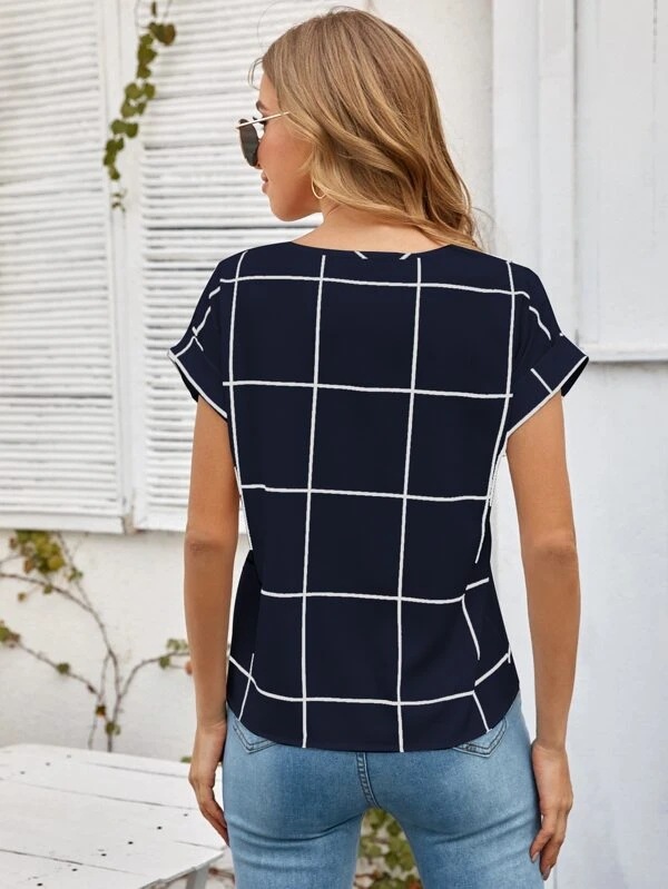 drop-shoulder short-sleeved round neck loose plaid printing t-shirt NSFH130969