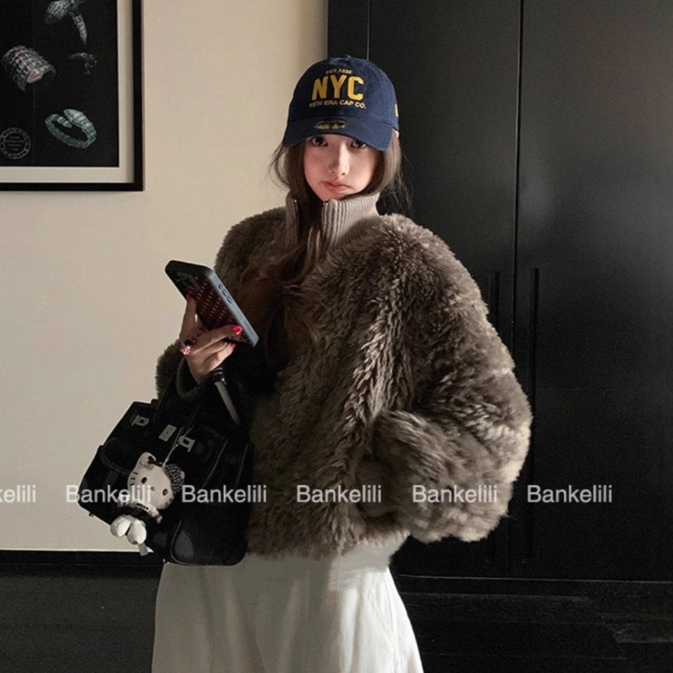 9631板栗可可绒绒奶芙'羊羔毛拼接针织外套巧巧-不退换