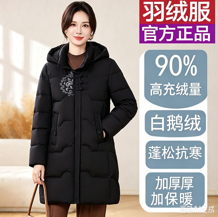 Authentic high-end goose down jacket for middle-aged and elderly women, mid-length, thickened, warm, stylish, trendy mother's coat.