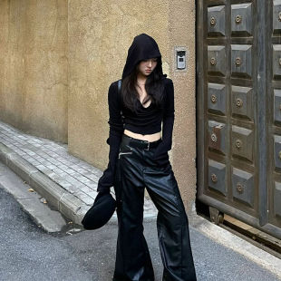 Spice Girls Vintage Swing Collar Black Hooded Korean Style Autumn Slim-fit Slimming Short Top Women's New Niche Design Sense