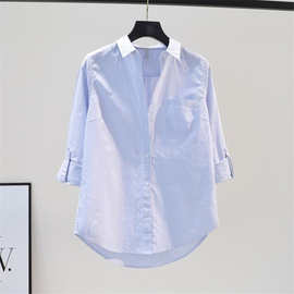 浅蓝色竖条纹棉衬衫女2024春夏季新款韩版时尚单口袋长袖衬衣上衣