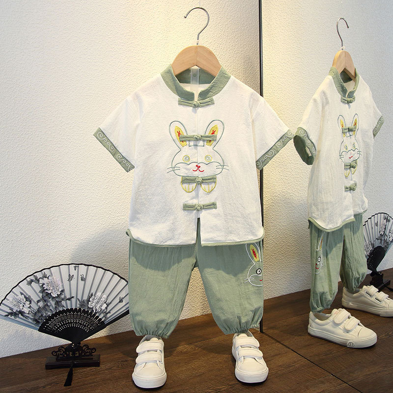 Chinese Style Children's Wear 2025 Summer New Western Style suit Boy's Short-sleeved Fashionable Hanfu Thin Cotton and Linen Two-piece Set