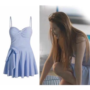 Rose Story Liu Yifei and Huang Yimei's Same Style Blue Swimsuit Suspender Two-Piece Small Breast Push-Up Skirt Swimsuit
