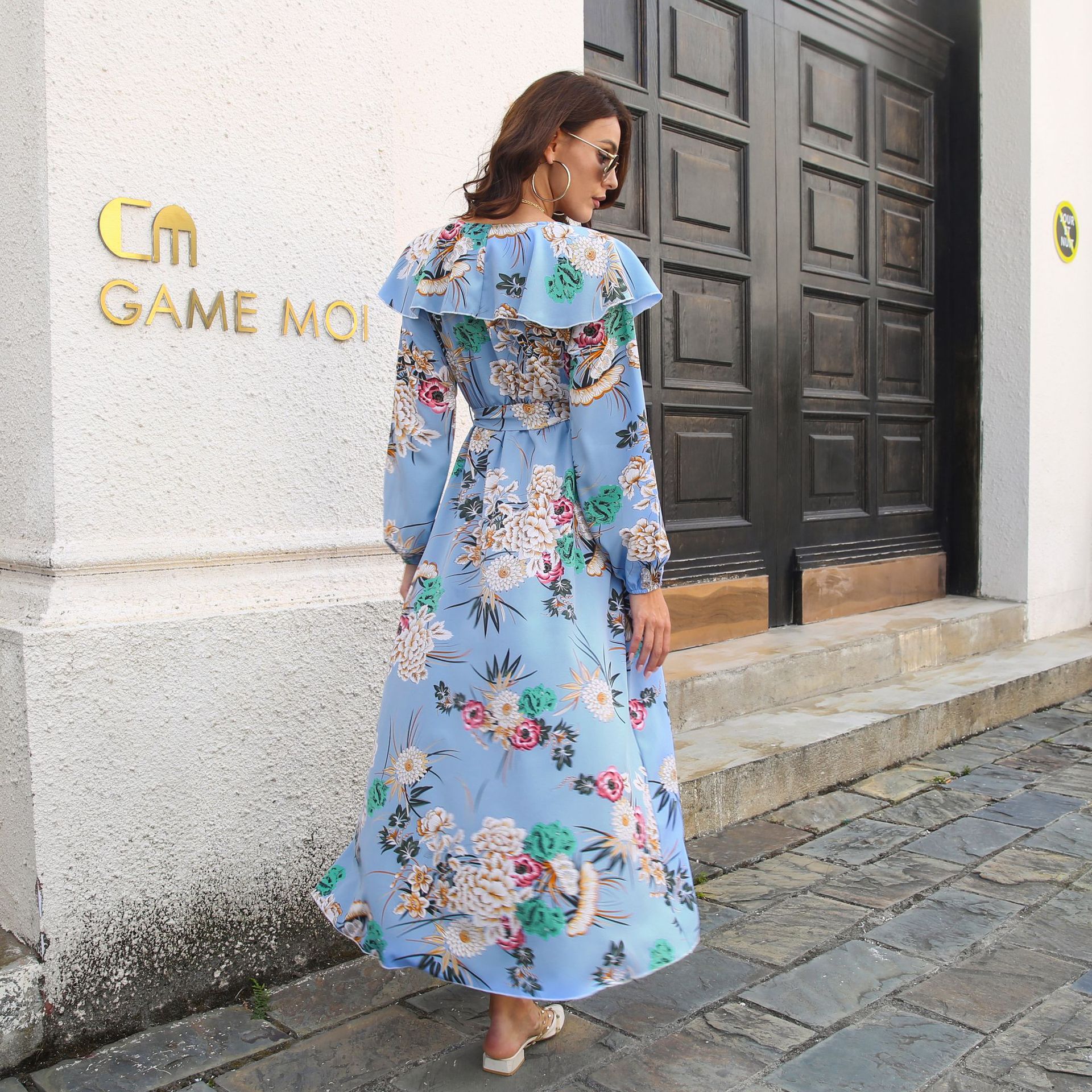 Ruffled Collar Lantern Sleeve Long Sleeve Dress Floral Wrap Split Expansion Maxi Dress Women Women Clothing 8 Ruffled Collar Lantern Sleeve Long Sleeve Dress Floral Wrap Split Expansion Maxi Dress Women Women Clothing