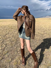 棕色皮衣外套女2025春秋新款美拉德美式复古pu皮小个子机车服夹克