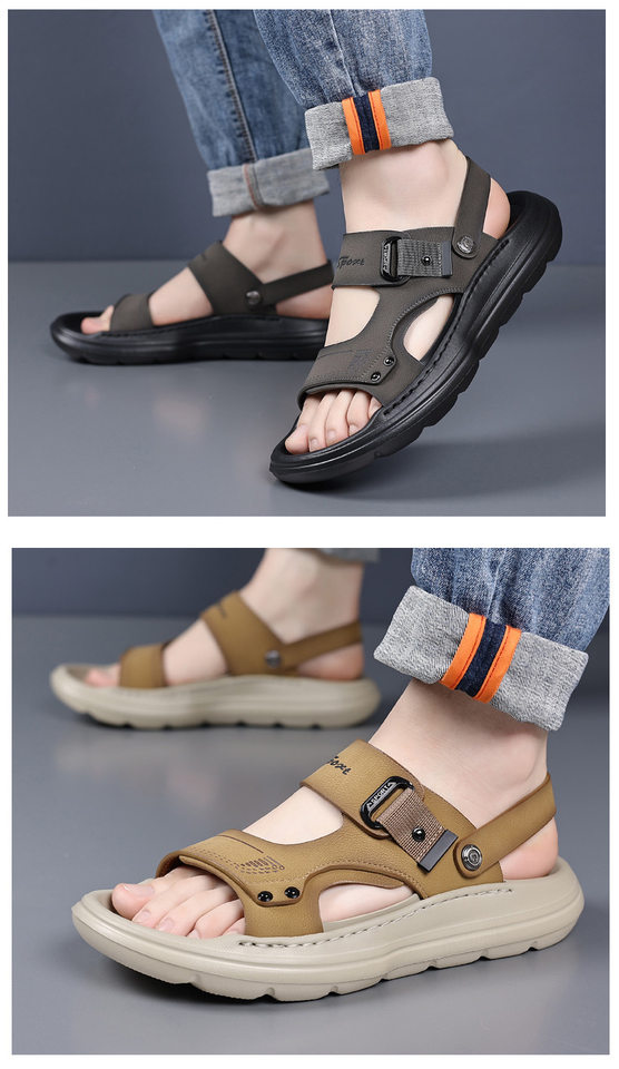 Dép sandal nam da thật đế xốp nhẹ thủ công, gót 3,5 cm, thoáng khí chống trượt — màu vàng chi tiết 18